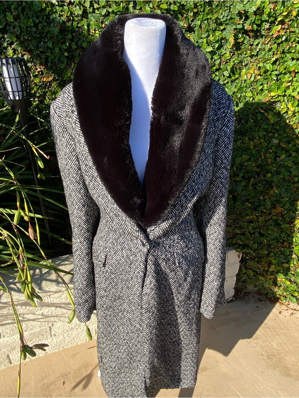 Steve Madden Gray Herringbone Trench Coat with Black Faux Fur Collar